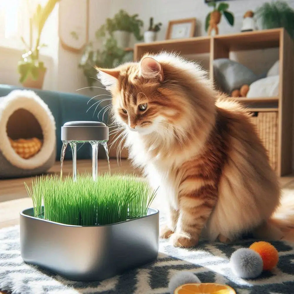 Zusatzausstattung: Katze mit Trinbrunnen und Katzengras